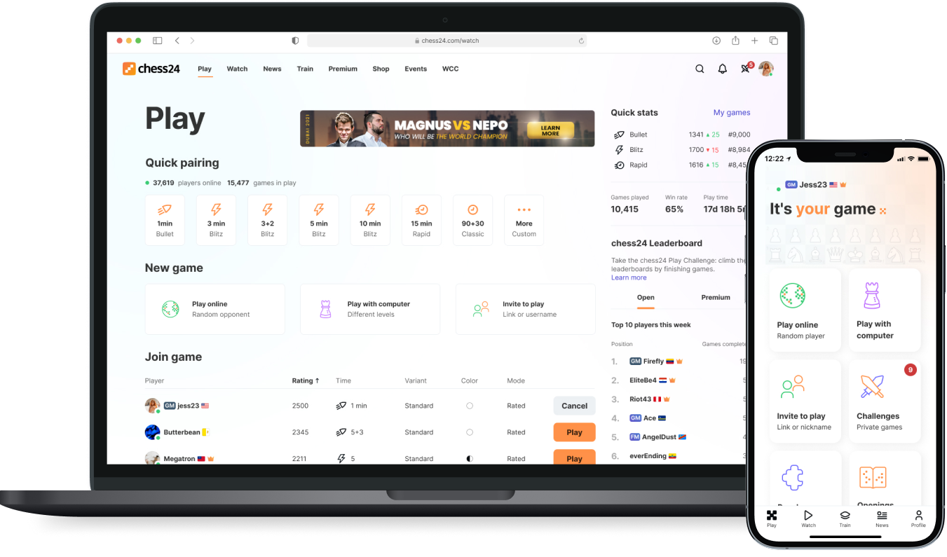 Chess24 Home Play page on desktop and mobile